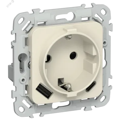 FLITE Розетка 1-местная с заземлением с защитными шторками 16А с USB A+C 20Вт безвинтовое крепление РСЮшс11-1-ФлСл сливочный IEK