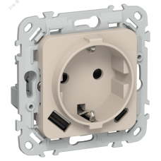 FLITE Розетка 1-местная с заземлением с защитными шторками 16А с USB A+C 20Вт безвинтовое крепление РСЮшс11-1-ФлЛ льняной IEK