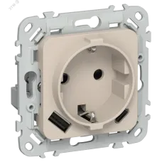 FLITE Розетка 1-местная с заземлением с защитными шторками 16А с USB A+C 20Вт безвинтовое крепление РСЮшс11-1-ФлЛ льняной IEK