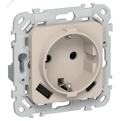 FLITE Розетка 1-местная с заземлением с защитными шторками 16А с USB A+C 20Вт безвинтовое крепление РСЮшс11-1-ФлЛ льняной IEK