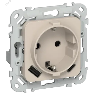FLITE Розетка 1-местная с заземлением с защитными шторками 16А с USB A+C 20Вт безвинтовое крепление РСЮшс11-1-ФлЛ льняной IEK