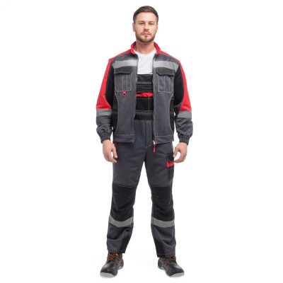 Костюм ФОРМУЛА с СОП летний куртка ткань, полукомбинезон, темно-серый с красной и черной отделкой 44-46 88-92,182-188