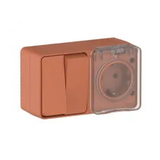AtlasDesign PROFI IP54 О/У БЛОК: РОЗ. з/к со шт. 16А, ВЫКЛ.2-клав.10А, ТЕРРАКОТОВЫЙ