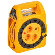Катушка с заземлением и термозащитой УК15 3 места 2P+PE 3х1,5 мм 2 USB х 2 LED 15 м INDUSTRIAL