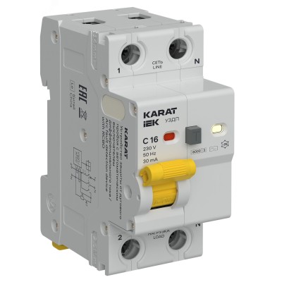 KARAT Устройство защиты от дугового пробоя с выключателем автоматическим дифференциального тока 1P+N C 16А 30мА тип AC IEK