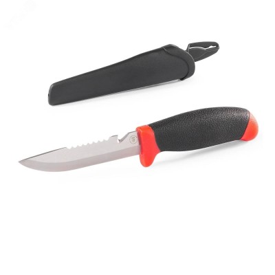 Нож универсальный KF-02 серия ПРАКТИК с фиксированным лезвием из нержавеющей стали, серейторной заточкой и стропорезом на обухе