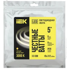 Лента светодиодная 5м COB-312LED 8мм 8Вт/м 24В 3000К IP20