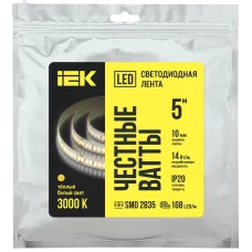 Лента светодиодная 5м SMD2835 10мм 14Вт/м 24В теплый белый IP20 168LED/м