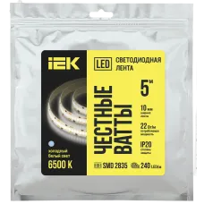 Лента светодиодная 5м SMD2835 10мм 22Вт/м 24В холодный белый IP20 240LED/м