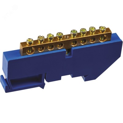 Шина N нулевая 6х9мм 8/1 (8 групп/крепеж по центру) с изолятором на DIN-рейку (20 шт/уп)