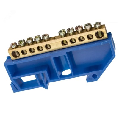 Шина N нулевая 6х9мм 10/1 (10 групп/крепеж по центру) с изолятором на DIN-рейку (20 шт/уп)