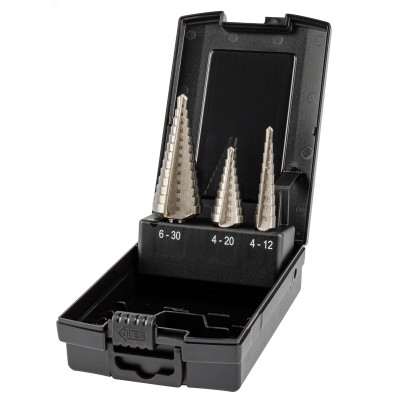 Набор сверл ступенчатых, 3 предмета, HSS, Gr 1,2,3, 4-12, 4-20, 6-30 мм, прямая канавка, трехплоскостной хвостовик