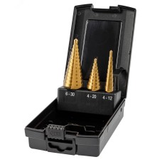 Набор сверл ступенчатых, 3 предмета, HSS TiN, Gr,1,2,3, 4-12, 4-20, 6-30 мм, прямая канавка, трехплоскостной хвостовик