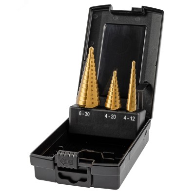 Набор сверл ступенчатых, 3 предмета, HSS TiN, Gr,1,2,3, 4-12, 4-20, 6-30 мм, прямая канавка, трехплоскостной хвостовик