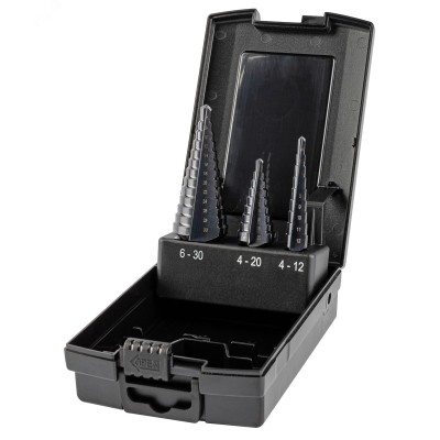 Набор сверл ступенчатых, 3 предмета, HSS TiAlN, Gr,1,2,3, 4-12, 4-20, 6-30 мм, прямая канавка, трехплоскостной хвостовик